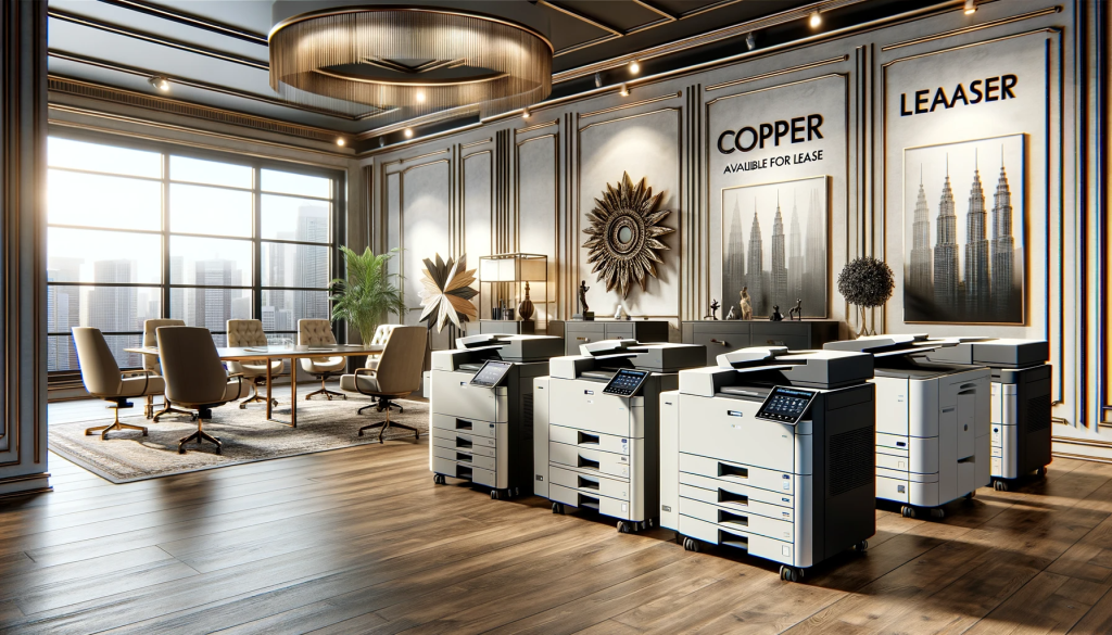 Premier Copier Leasing Solutions For Businesses   DALL·E 2023 12 12 05.25.10 A Sophisticated Business Office Environment Prominently Featuring High End Copiers Available For Lease. The Scene Includes A Spacious Elegantly Furn 1024x585 