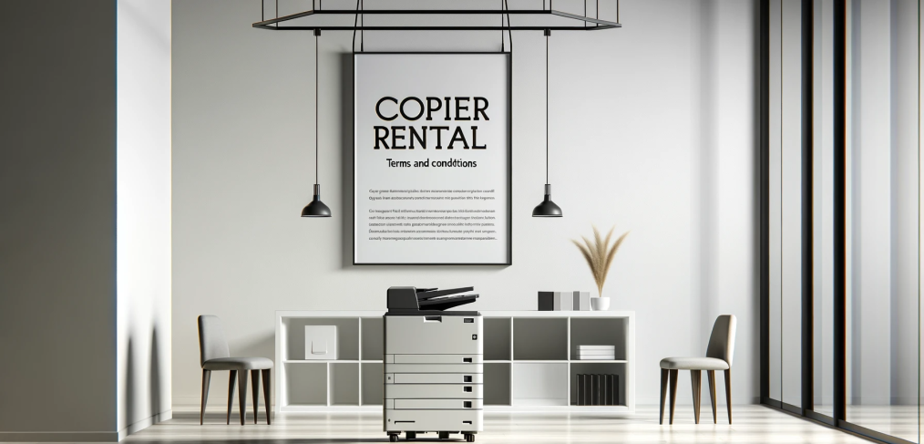 Simple office with clear 'Copier Rental Terms and Conditions' banner and modern copier machine.