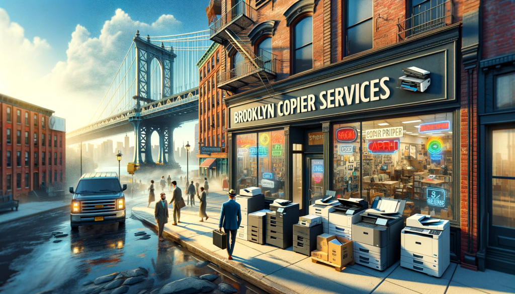 Brooklyn Copier Services: Optimize Your Office Efficiency - The image shows a bustling Brooklyn street with the Brooklyn Bridge in the background and a 'Brooklyn Copier Services' storefront, complete with visible copiers and a technician entering the shop.