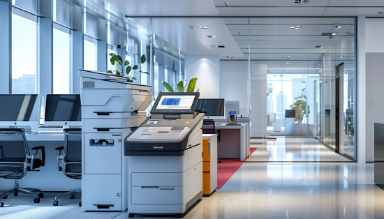 Boost Office Productivity: Printers, Copiers & More - A modern office equipped with advanced printers and copiers, showcasing an efficient workspace setup.