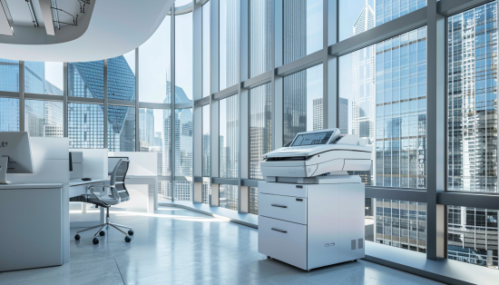 Copier Lease LA: Key Facts Before Buying - A modern office with floor-to-ceiling windows offering a cityscape view, featuring a sleek, advanced copier machine centrally placed for efficient office use.