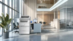 Canon Printer & Photocopier Repair Services in Miami - A modern office setup featuring a high-efficiency copier machine next to a desk with a computer, surrounded by large windows and natural light.