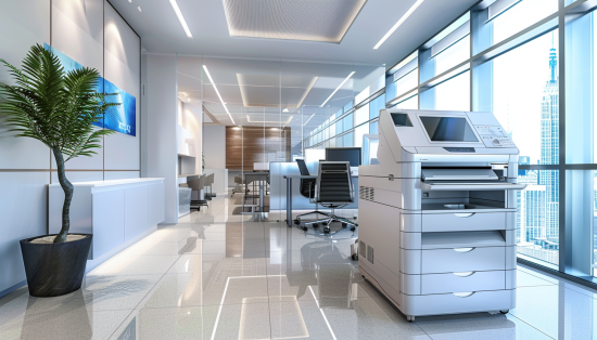 Copier Lease in New York: Things You Need to Know - A modern office space featuring a sleek, advanced copier machine with large windows offering a view of the city skyline.