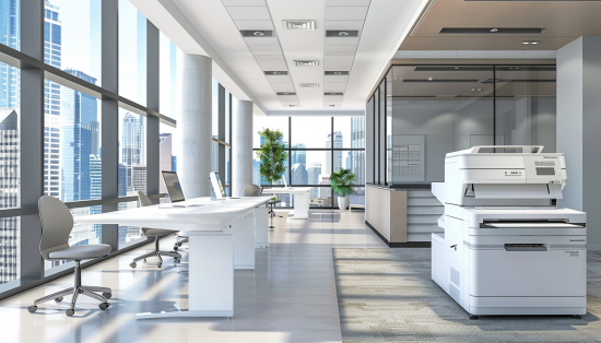 Copier Lease Doral: Your Office Needs A Lease in 2021 - A modern office space with large windows and a bright interior, featuring a high-tech copier machine from Flat Rate Copiers positioned near workstations.