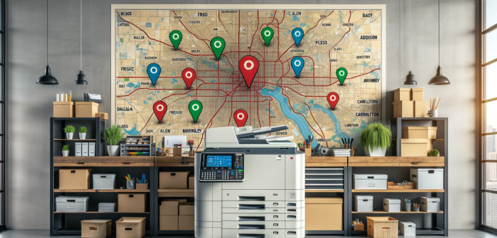 Image of a Dallas map with pins on Frisco, Plano, Addison, Allen, McKinney, and Carrollton, highlighting copier repair service areas. A modern copier machine is placed nearby, and above the map, the sign 'Flat Rate Copier' is displayed.