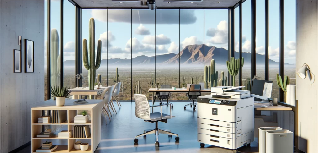 Elevate Your Arizona Business: A modern office in Arizona featuring large windows with a view of mountains and cacti, equipped with sleek furniture and a high-tech copier machine, showcasing the ideal workspace setup.