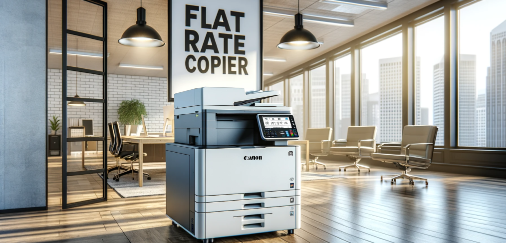 Cost-Effective Printer Leasing: A modern Canon copier machine in a stylish office with large windows and a "Flat Rate Copier" sign in the background, highlighting an efficient workspace.