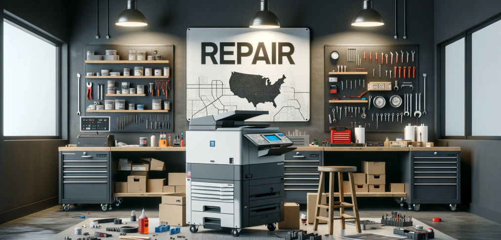 Copier Repair Guide in Plano, Texas: A high-tech copier in a modern repair workshop, equipped with a variety of tools and equipment, showcasing the meticulous and organized setup for professional copier repair services.