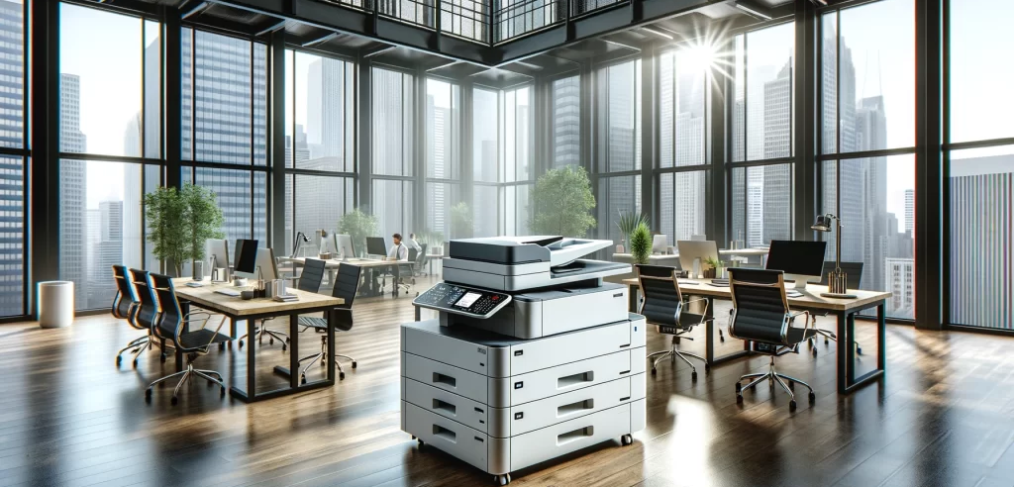 Guide to Choosing the Right Copier Lease: A modern office with large windows and a high-tech copier machine in the center, surrounded by sleek workstations and greenery, offering a bright and productive work environment.