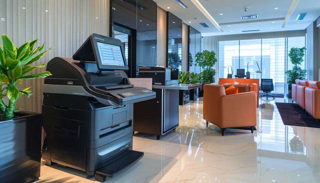 Copier Lease San Diego: Must-Have Perks - A sleek, high-tech copier in a modern Coral Gables office with stylish furniture and lush greenery, enhancing the workspace's professional and inviting atmosphere.