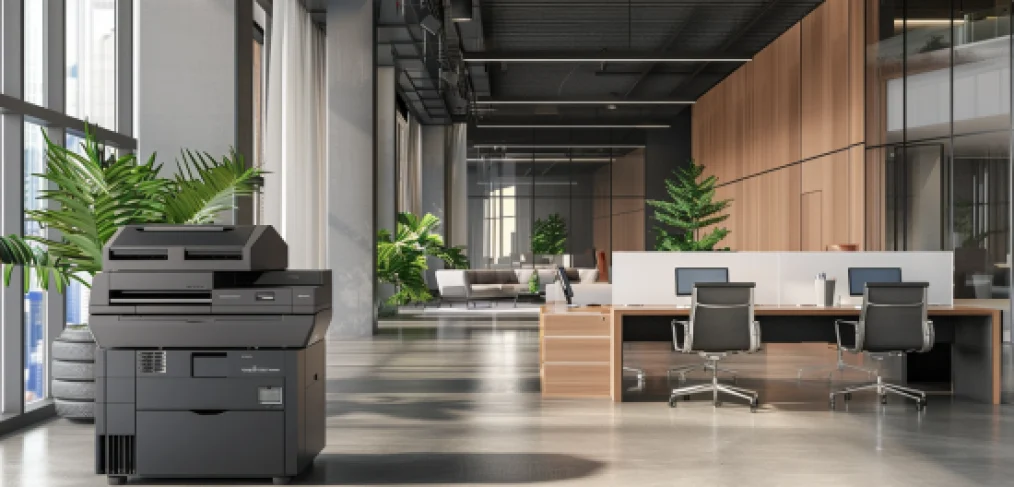 Copier Repair in Addison: Keep Your Office Running Smoothly - A modern office with an industrial design features a high-tech black copier machine, ensuring smooth operations.