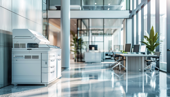Copier Lease Chicago: Key Factors for 2021 - A sleek multifunction copier machine is placed in a bright, modern office environment with floor-to-ceiling windows. The spacious layout features contemporary office furniture, creating a professional and efficient workspace, ideal for boosting productivity.