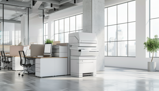 A modern office setup with a high-tech copier machine in the foreground, illustrating "Copier Rental & Lease Machine in Pennsylvania.