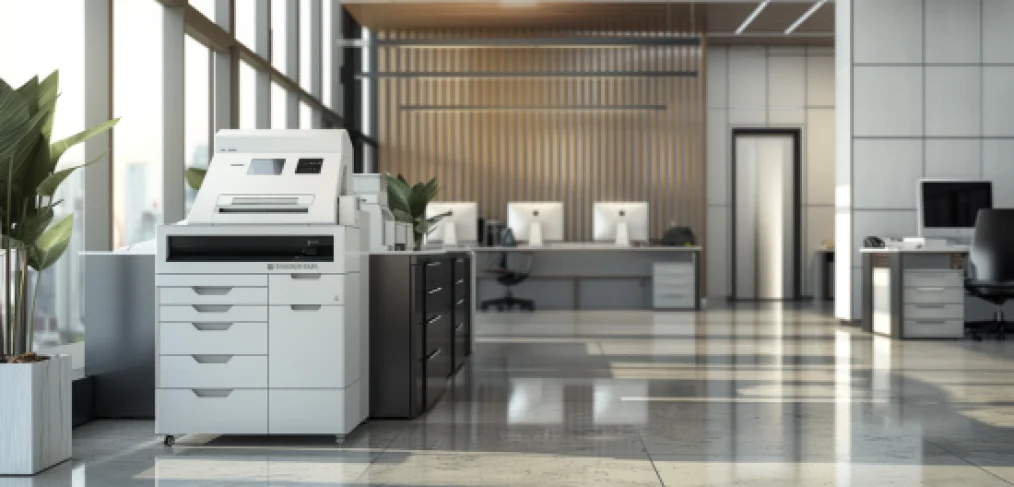 Copier Repair in Allen: The Heartbeat of Office Efficiency: A sleek, modern copier in an office environment, enhancing productivity and efficiency with its advanced features and stylish design.