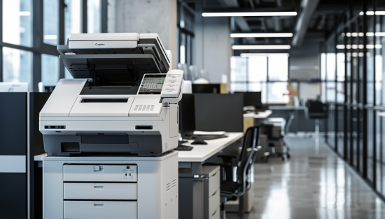Choosing a Photocopier: Best Office Copiers 2021 - A close-up view of a modern office photocopier with a busy office background, showcasing the advanced features and efficiency offered by Flat Rate Copiers.