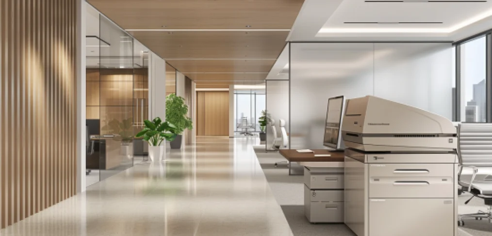 Decoding the Giants of Print: A modern office with sleek interiors and a high-tech copier machine from Decoding the Giants of Print, placed prominently to streamline office operations.