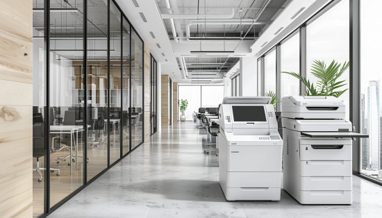 Premier Copy Machine Repair Services: A sleek, modern office with glass partitions and bright lighting, featuring two advanced copier machines. Ideal setting for efficient workflow and productivity.