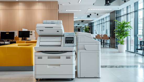 Copier Lease Boston: Essential for Your Office in 2021 - A modern office setup featuring a multifunction copier machine, ideal for enhancing office productivity. The machine is placed in a spacious, well-lit area with sleek furniture, demonstrating a professional and efficient work environment.