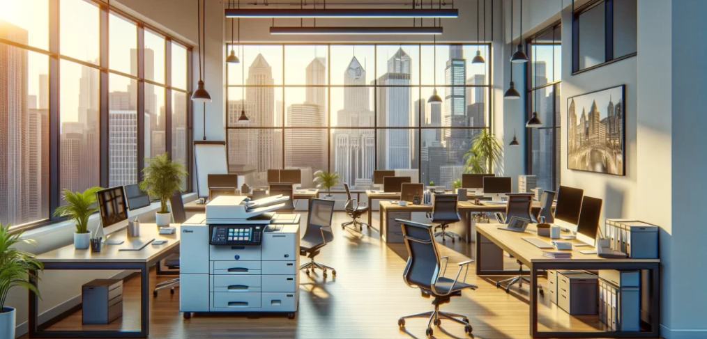 Empowering Illinois Businesses: A spacious, modern office with large windows showcasing a city skyline at sunset. In the foreground, a high-tech copier machine is prominently placed, surrounded by desks with computers, plants, and office supplies. The scene highlights an efficient and productive work environment.