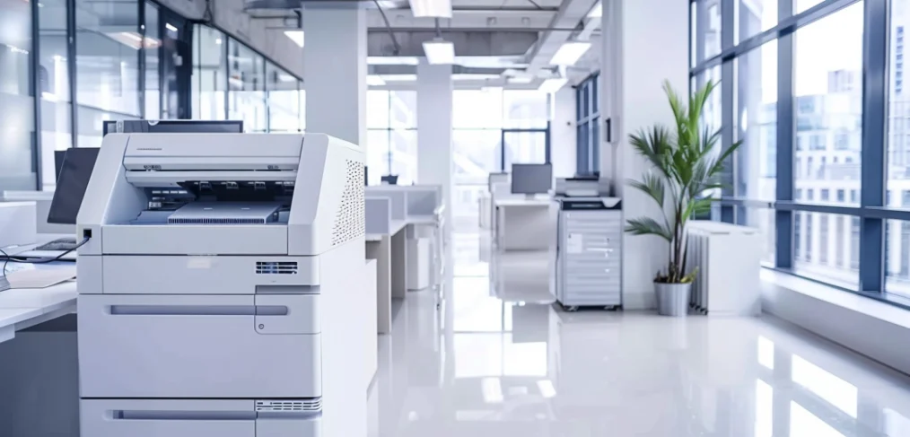 Empowering PA Businesses: A modern, well-lit office with a high-tech copier machine in the foreground, showcasing a clean and organized workspace. The large windows provide ample natural light, highlighting the sleek design and functionality of the copier, perfect for enhancing office productivity.