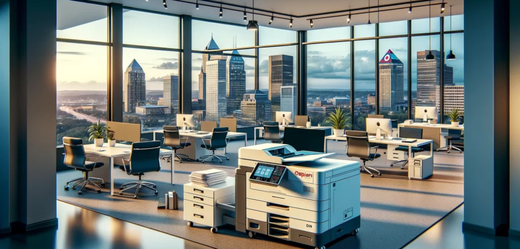 Choosing the Best Copier Lease Company: A modern office featuring a high-tech copier machine, with large windows overlooking a city skyline at sunset, surrounded by ergonomic chairs and workstations, creating a productive and inspiring work environment.