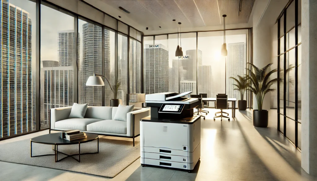 High-quality copier machine in a modern Miami office setting, representing Miami Copier Lease & Repair Services.